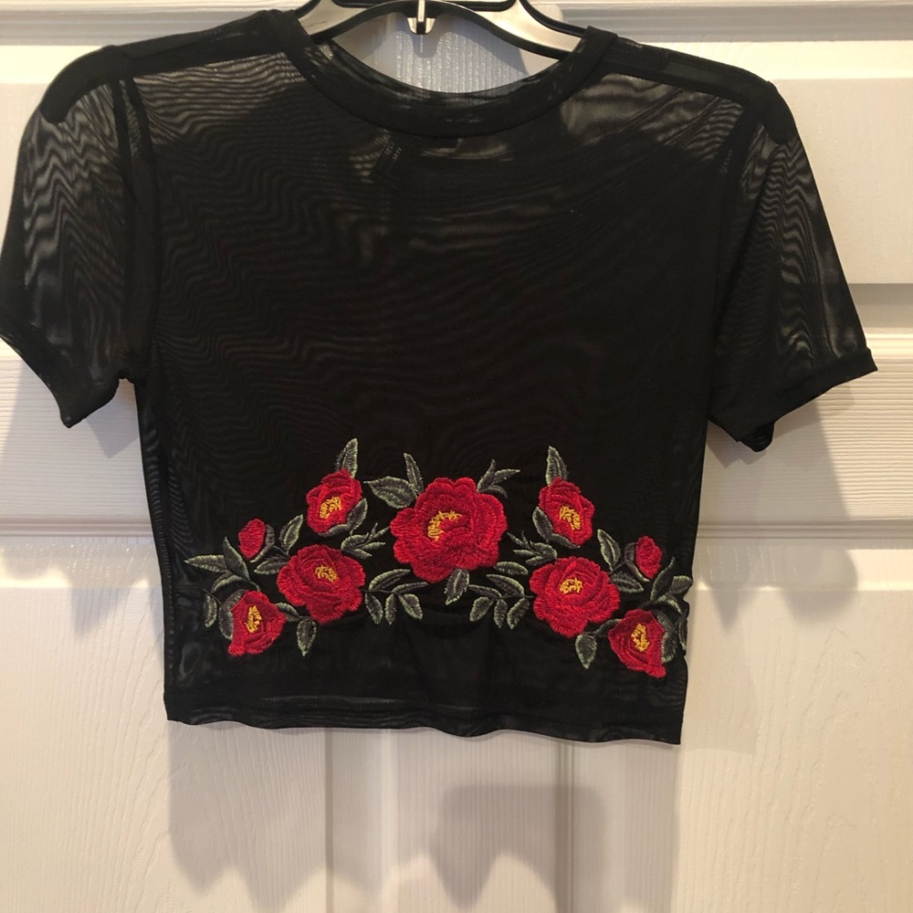 Forever 21 mesh crop top with floral embroidery